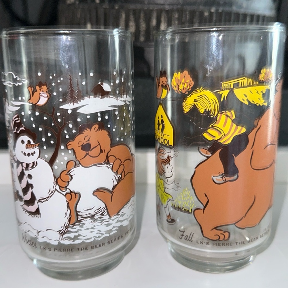 Vintage 1977 LK’s Pierre the Bear Winter and Fall set Collector Glass Set Of 2